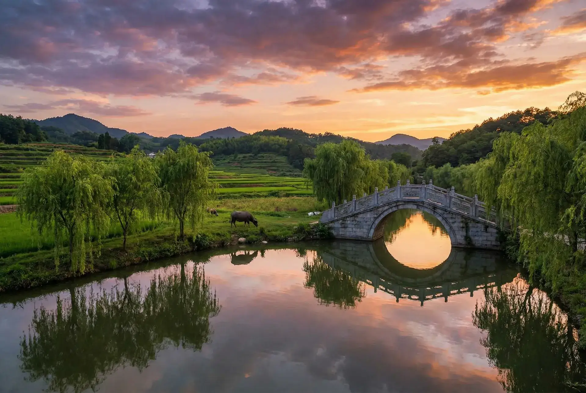 夕阳下的石拱桥与垂柳，水牛在河边吃草 - 两个人免费高清在线观看WWW 乡村美景